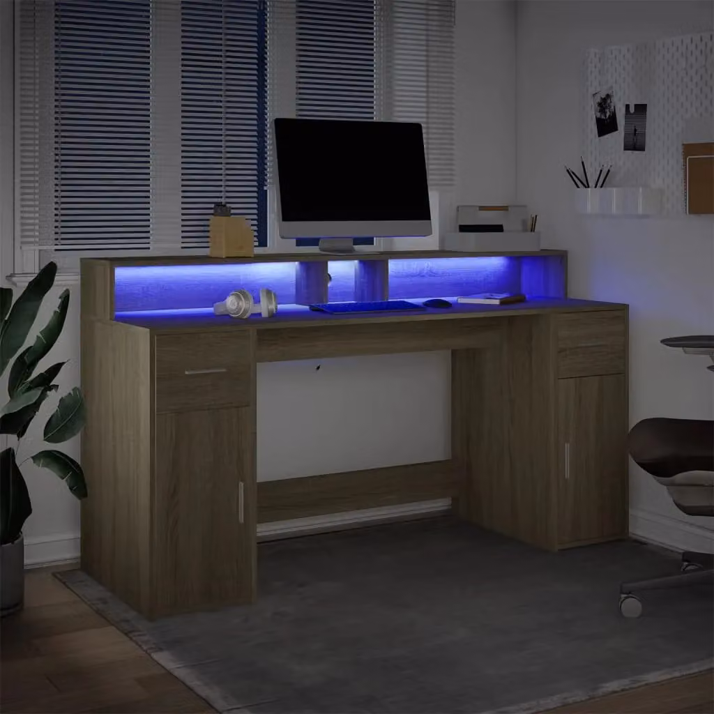Berkfield Home Gaming Desk with LED Lights in Sonoma Oak Brown, W/D/H: 160 x 55 x 91 cm – 3