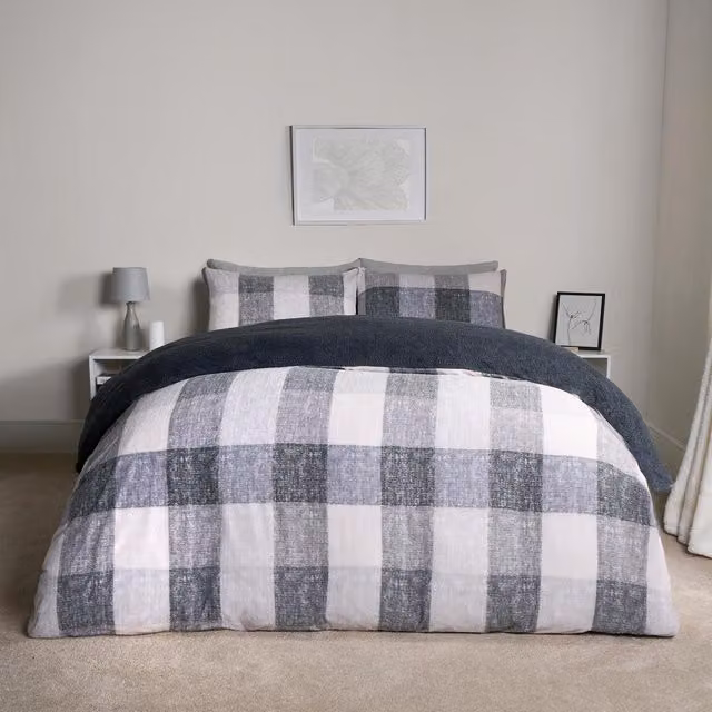 OHS Grey Gingham Check Teddy Fleece Duvet Cover Set, W: 180 cm x L: 200 cm