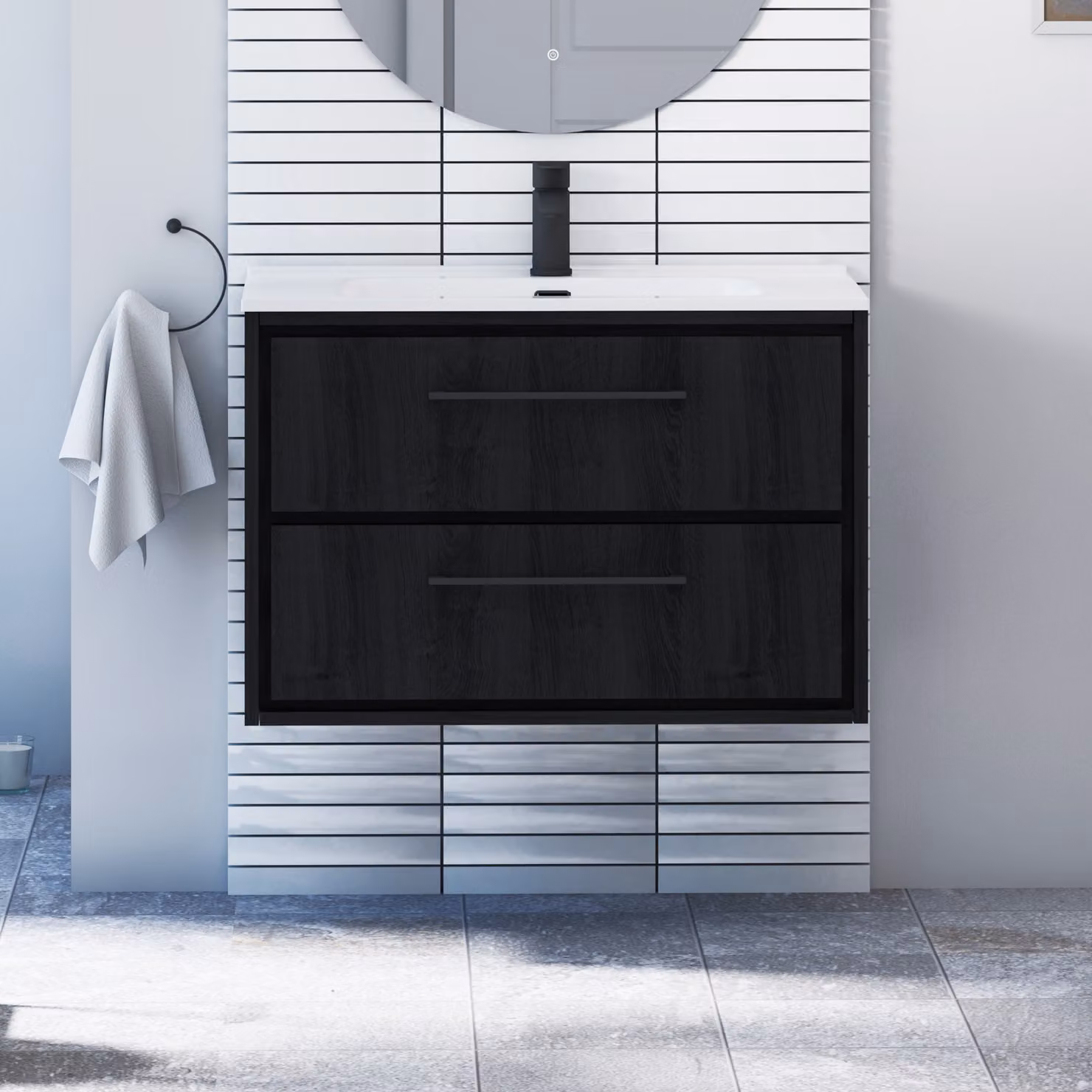 Royal Bathrooms Livora 800mm Black Woodgrain Wall Hung Vanity Unit with 2 Drawers, Ceramic Basin and Matt Black Handles
