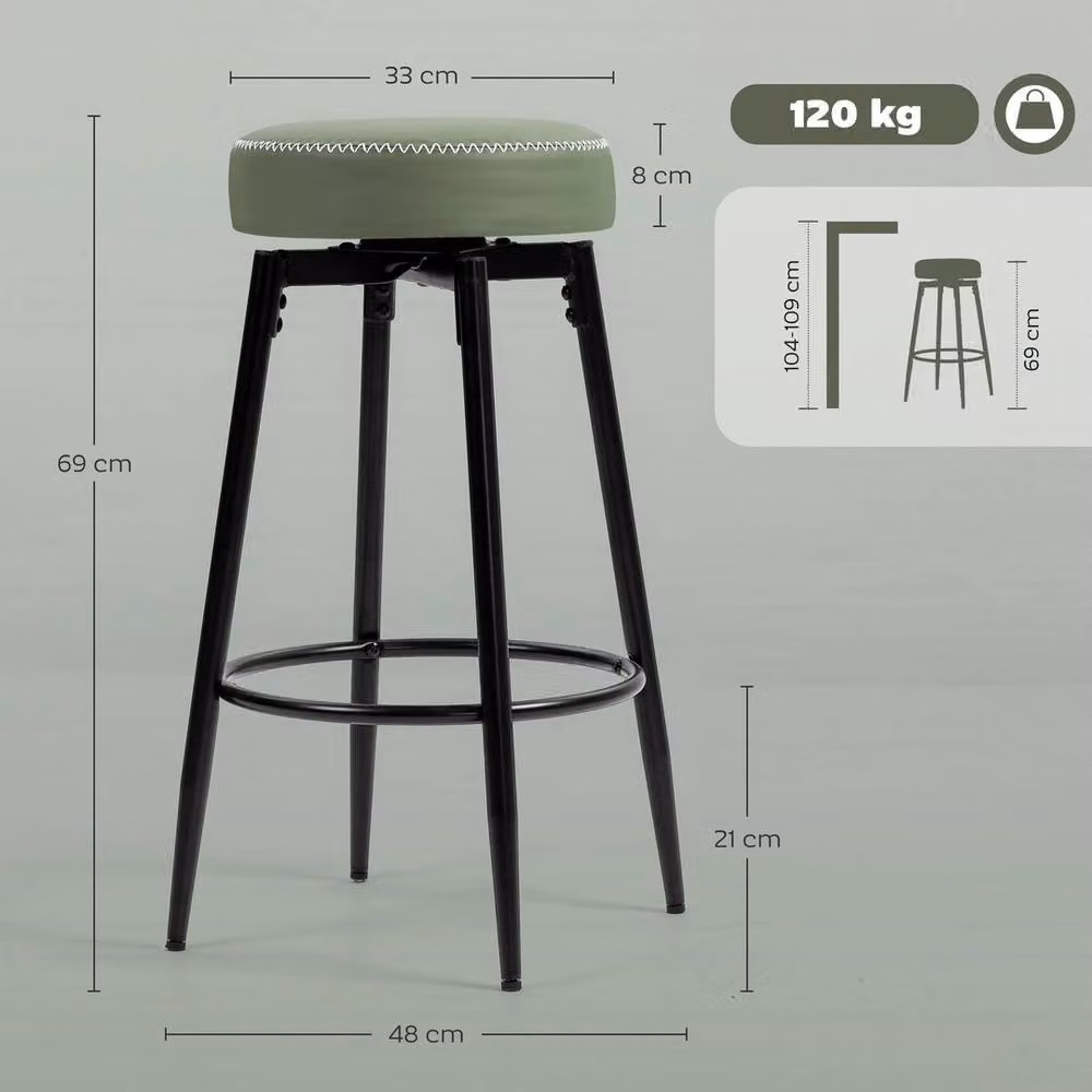 NESTLUNE Set of 2 Green PU Leather Swivel Bar Stools with Metal Base, H 100 cm x W 15 cm x D 15 cm – 2