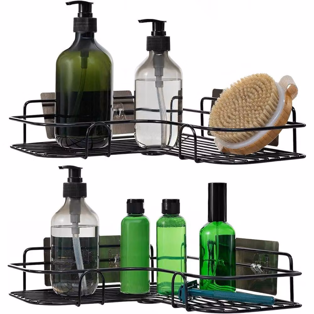 VOGREX 2 Pack Black Stainless Steel Self Adhesive Corner Shower and Kitchen Storage Caddy – 3