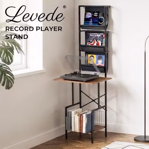 Levede Freestanding Vinyl Record Storage Cabinet with 2 Shelves and 3 Fabric Racks in Brown and Black – 5