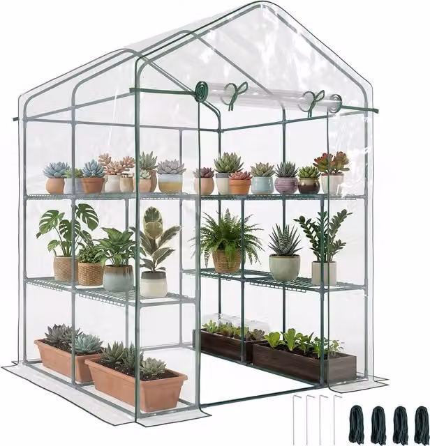 Outsunny Transparent Walk-In Greenhouse with 8 Shelves and 3 Tiers, W/D/H: 143 x 143 x 195 cm
