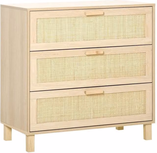 Kelvenix 3 Drawer Storage Cabinet in Natural Wood and Rattan with Geometric Design in Beige
