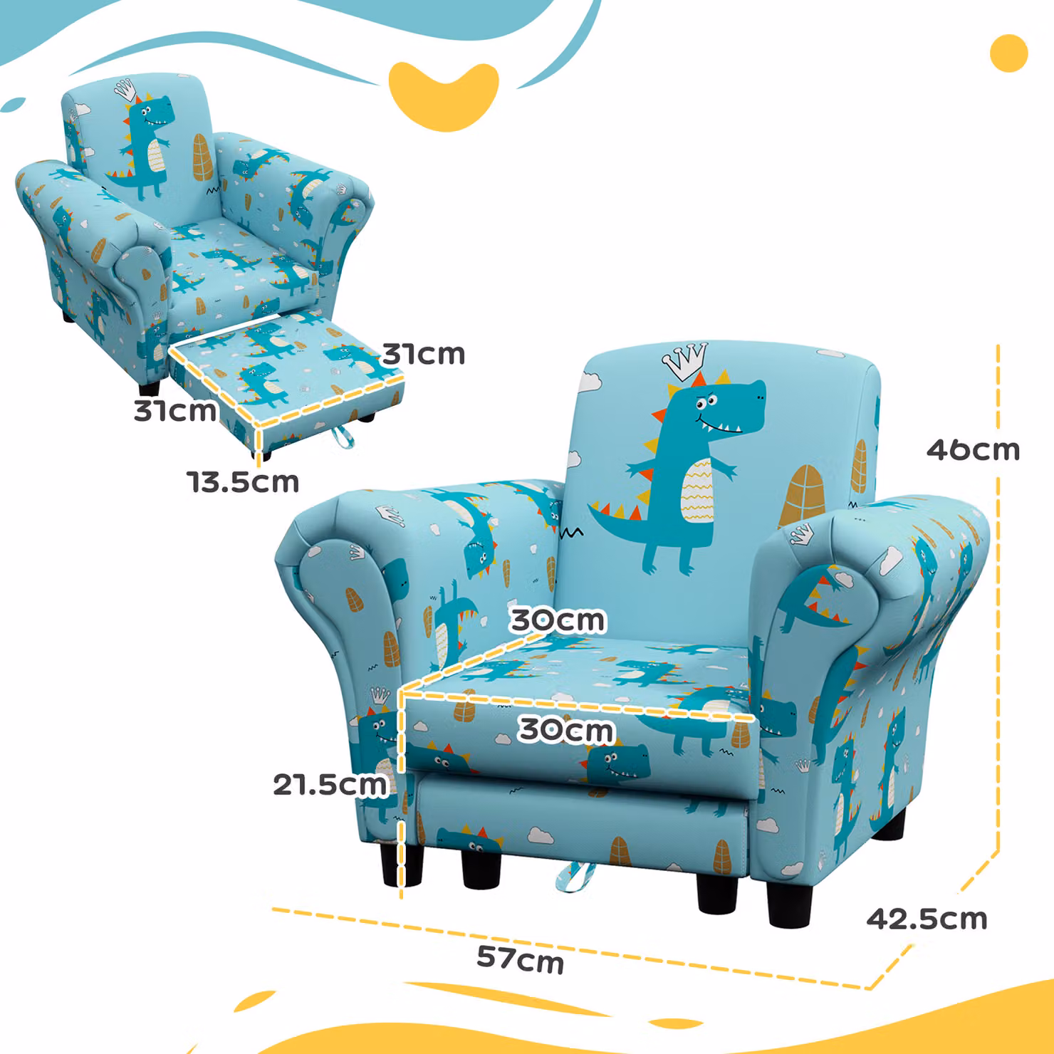 AIYAPLAY 2 Piece Kids Sofa Set with Dinosaur Design, Blue Fabric and Foam with Solid Wood Frame including Ottoman – 3