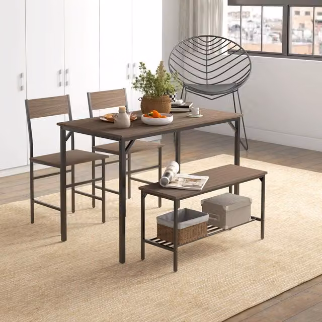 HOMCOM 4 Piece Dining Table and Chairs Set with Bench in Grey