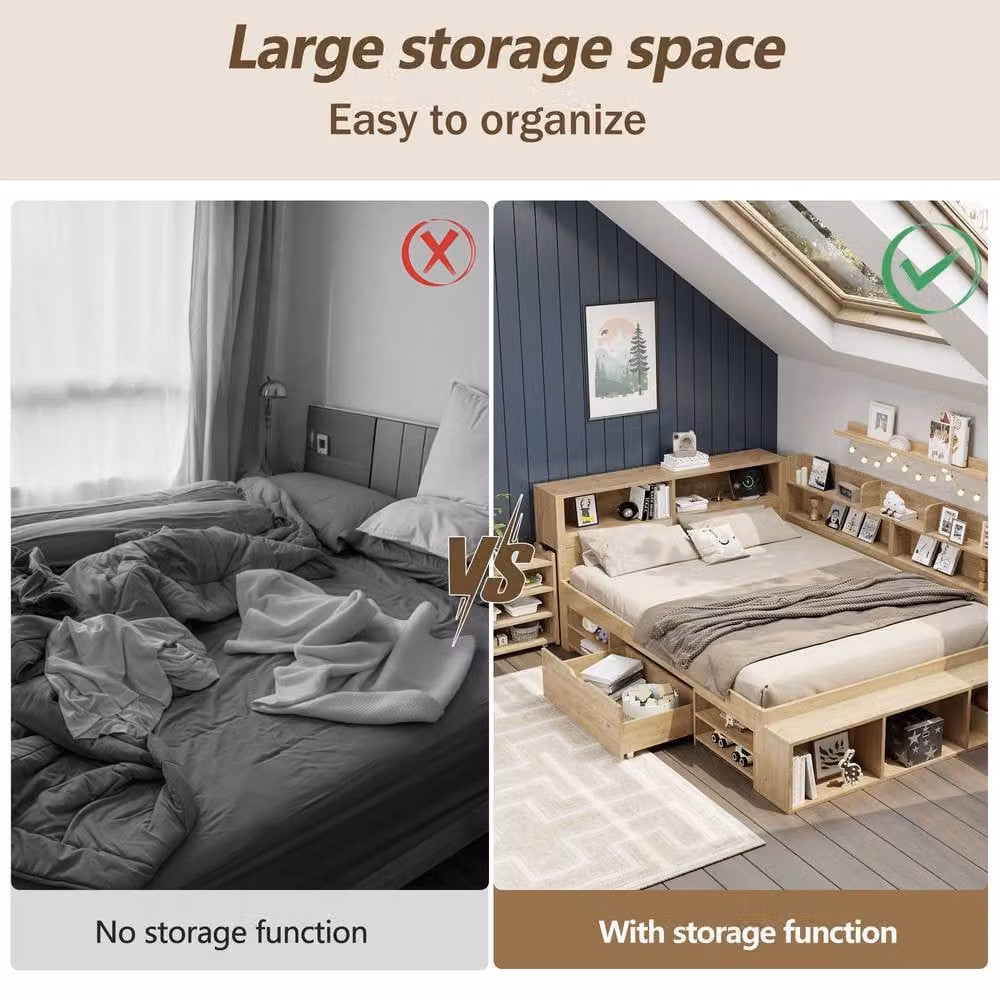 Rolipo Multifunctional 4ft6 Double Kids Bed with Storage Drawers, Natural Wood Finish, W/D/H: 140 x 200 cm – 5