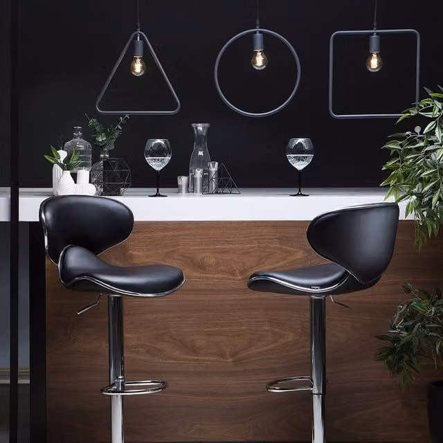 Wyld and Coco Set of 2 Black Faux Leather Swivel Bar Chairs with Gas Lift – 1
