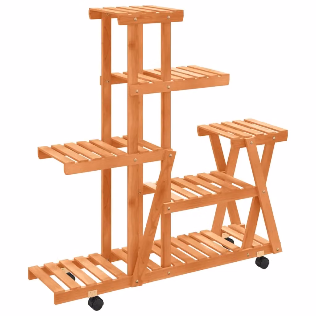 Berkfield Home Retro Flower Stand with Wheels in Brown Solid Wood, W/D/H: 95 x 25 x 101 cm – 2