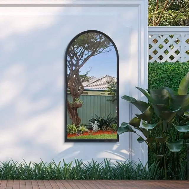 MirrorOutlet Black Metal Framed Arched Garden Wall Mirror, W: 60 cm, H: 120 cm – 1