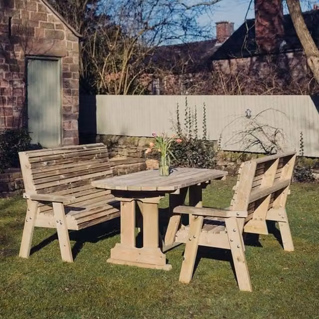 Churnet Valley Garden Furniture Ltd Ergo Dining Table and Bench Set in Brown, Seats 4 – 1