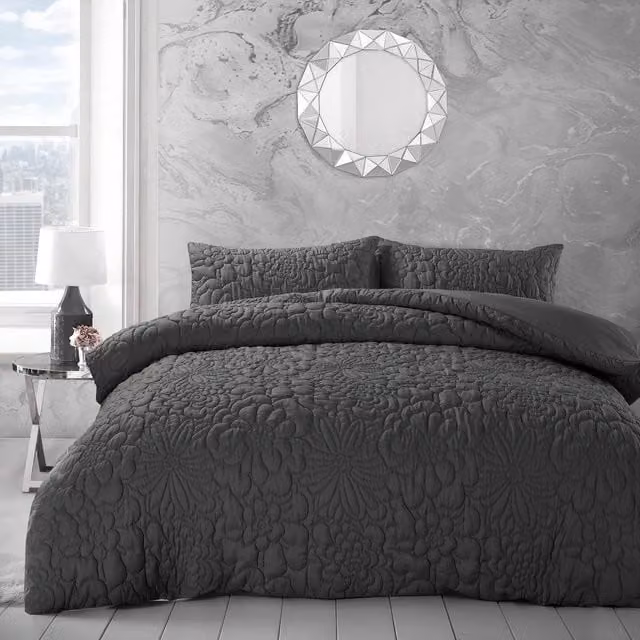 Velosso Microfibre Floral Duvet Set and Pillowcase in Grey Anthracite, W/D/H: 90 x 200 cm