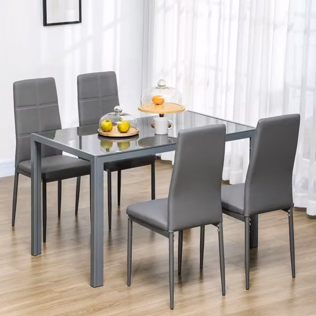 HOMCOM Modern Rectangular Glass Dining Table and 4 Chairs Set in Grey