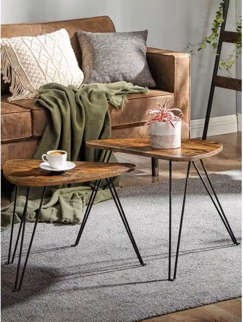 VASAGLE Set of 2 Rustic Nesting Side Tables in Brown and Black