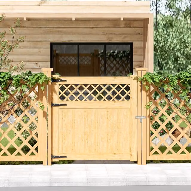 Livingandhome Rhombus Wood Garden Fence Gate in Natural Brown, W: 120 cm, H: 120 cm