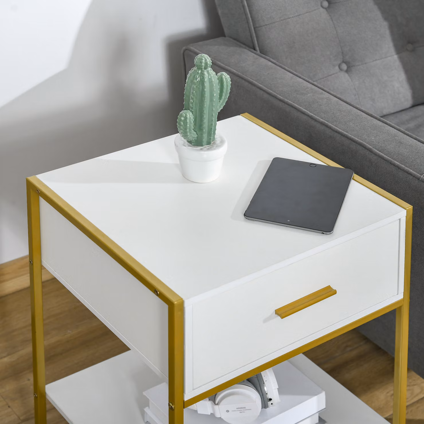 HOMCOM Set of 2 Modern White Bedside Tables with Drawer and Shelf – 4