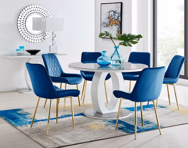 FurnitureboxUK Giovani Round Grey Glass Dining Table with 6 Navy Pesaro Gold Leg Chairs