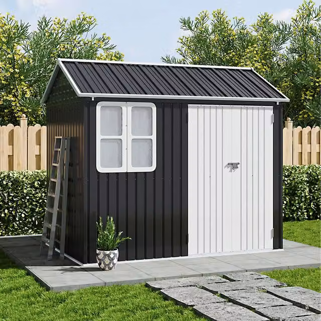 Livingandhome Modern Metal Gable Garden Shed with White Window and Door in Matt Black