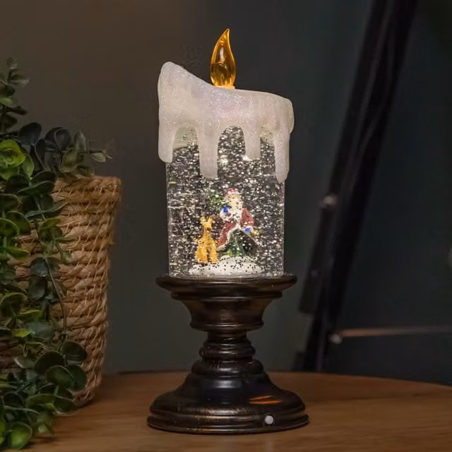 Samuel Alexander Snowtime Dual Power LED Christmas Glitter Water Spinner Candlestick Santa Scene in Brown – 1