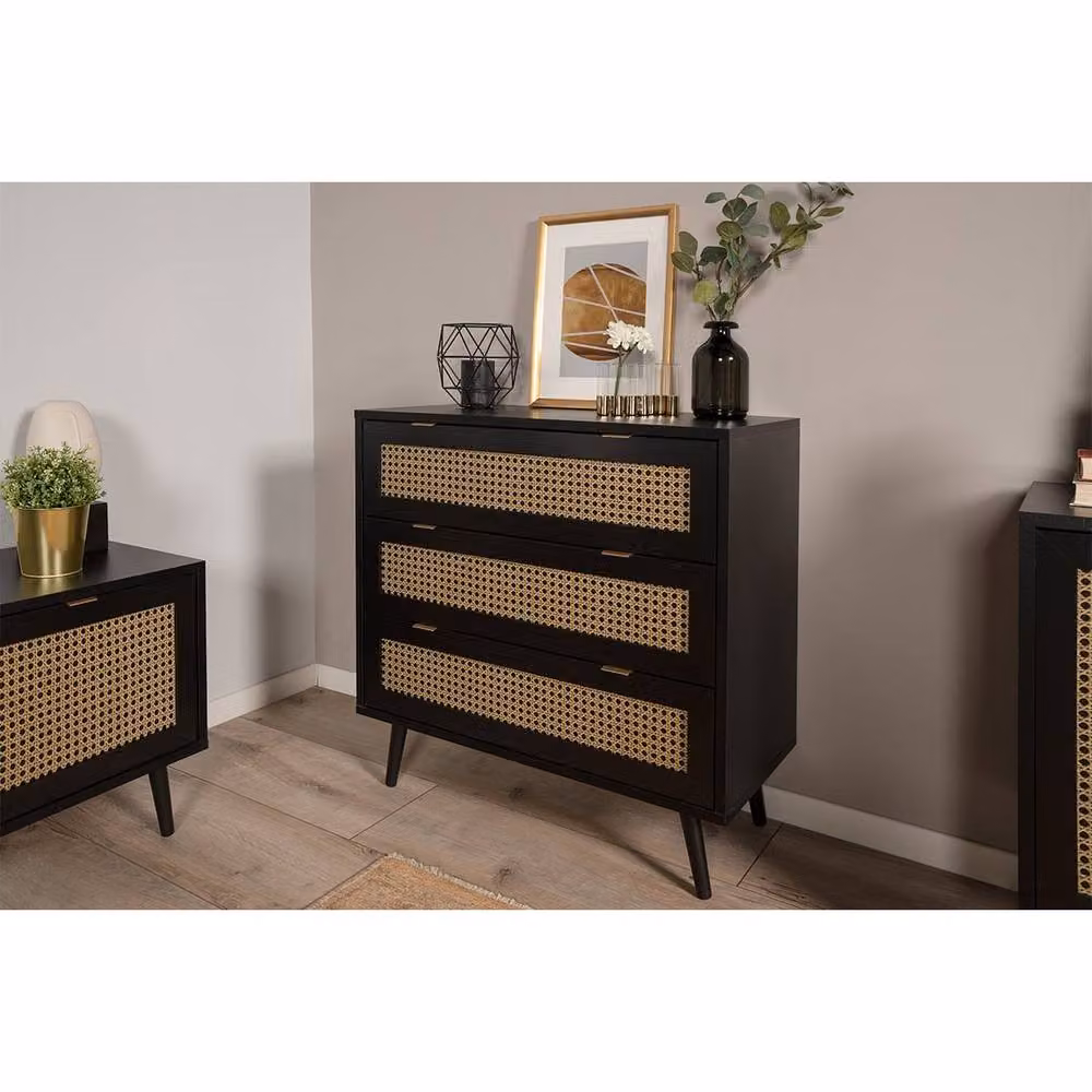 CALICOSY 3-Drawer Chest of Drawers with Cane Print and Black Finish, W/D/H: 80 x 40 x 80 cm – 2
