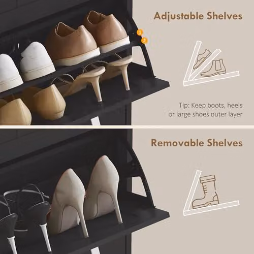 HOMCOM Slim Black Shoe Storage Cabinet with 3 Tilting Compartments and Internal Shelves, H 117.5 x W 54 x D 24 cm – 4