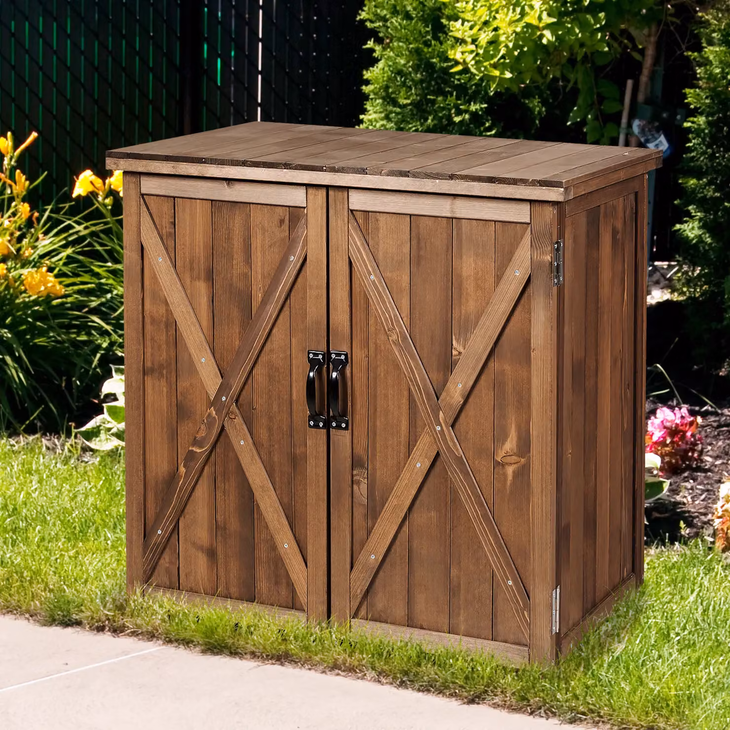 Gymax Rustic Wooden Outdoor Tool Cabinet with Double Hinged Doors, Brown – 2