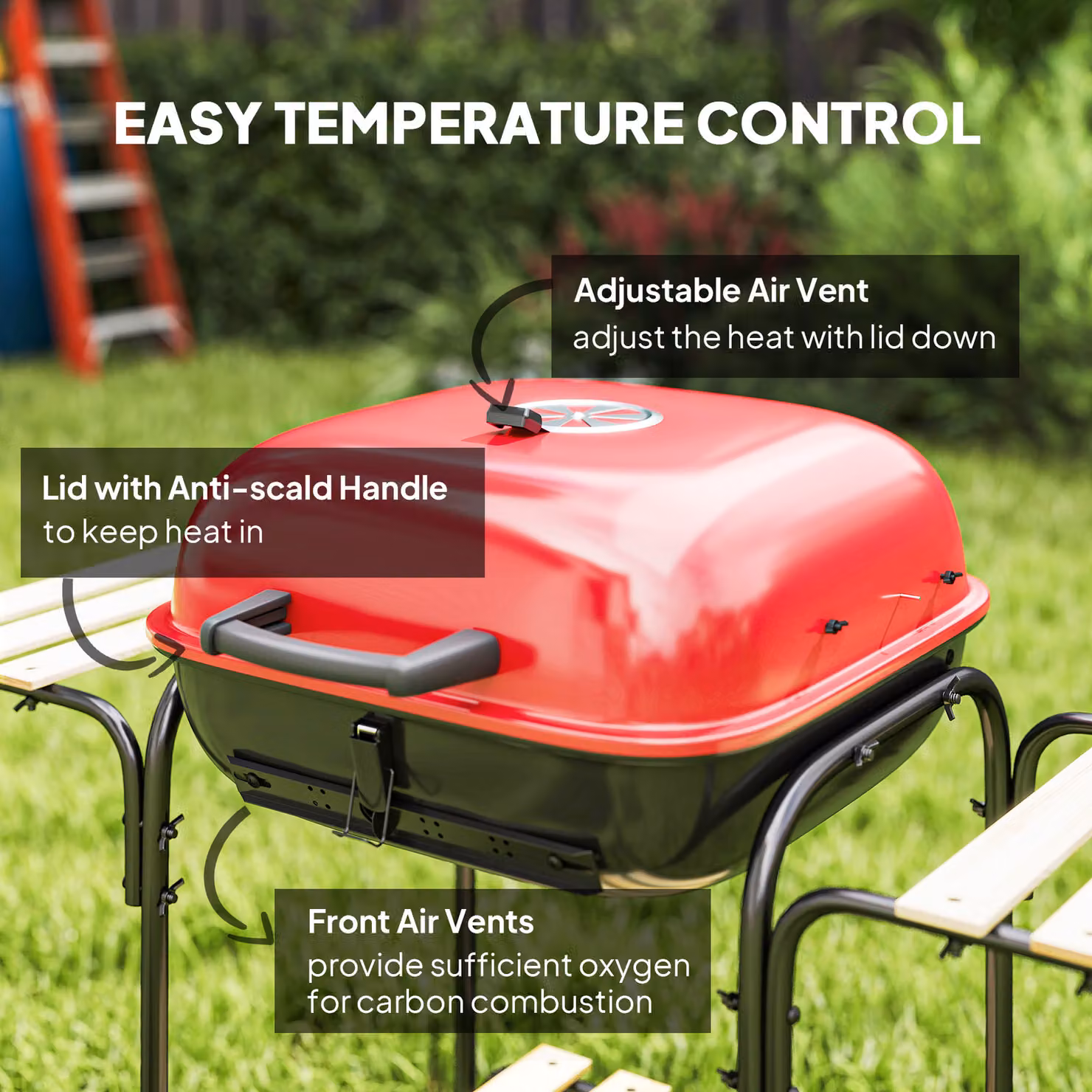 Outsunny Red Charcoal Barbecue Grill with 1840 cm² Cooking Area, Warming Rack and Wheels – 5