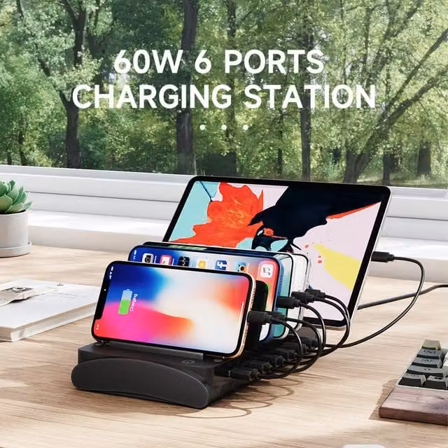 Living Star 60W 6-Port USB Charging Station with 6 Cables, Black