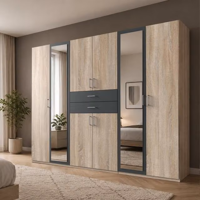 KDMD Diver Oak and Grey 6 Door Wardrobe with Mirror, Width: 270 cm