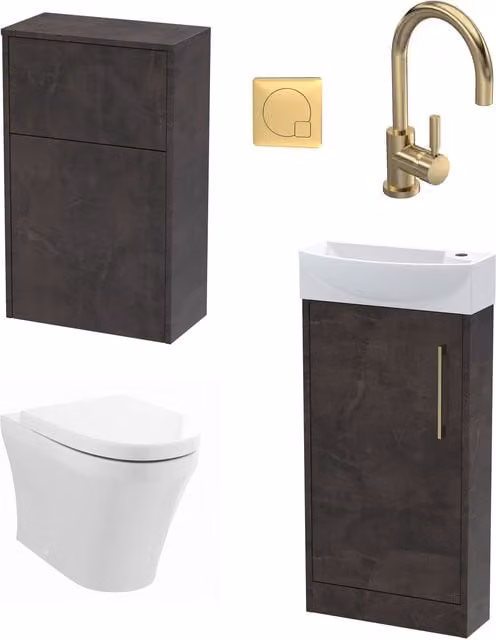 Balterley Grey Cloakroom Suite with Left Hand Vanity, WC, Toilet and Tap Set in Slate Brass, Width: 44 cm – 1