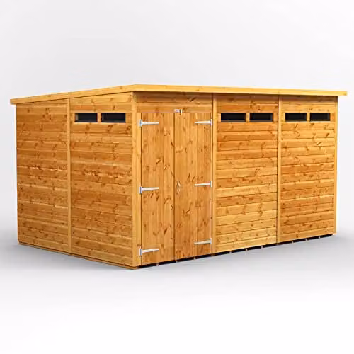 Powersheds Premium Pent Security Wooden Shed in Brown with Double Doors and Toughened Glass Windows
