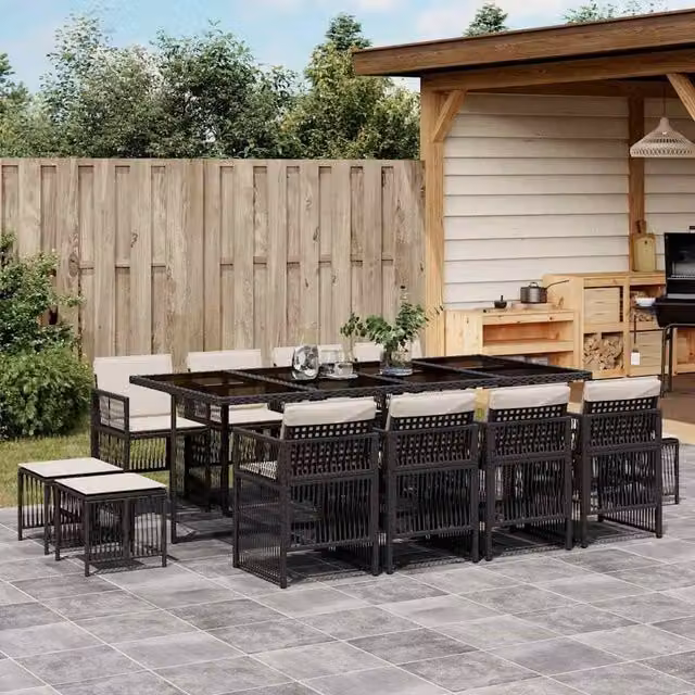 Berkfield Home 13 Piece Black Poly Rattan Garden Dining Set with Glass Table and Weather Resistant Cushions