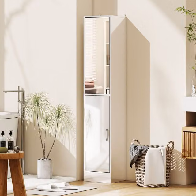 Kleankin Tall Freestanding Bathroom Cabinet with Mirror and Internal Shelves in High Gloss White