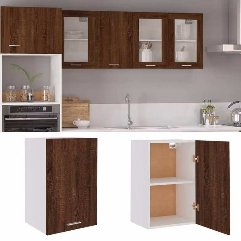 Berkfield Home Brown Oak Hanging Kitchen Cabinet with Glass Doors, W/D/H: 39.5 x 31 x 60 cm