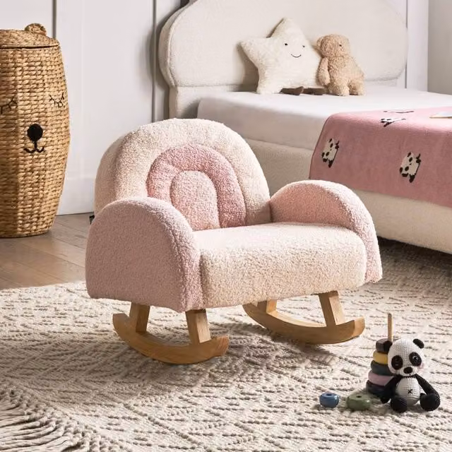 Wyld and Coco Kids Boucle Rocking Chair in Pastel Pink with Armrests and Rubberwood Frame – 1