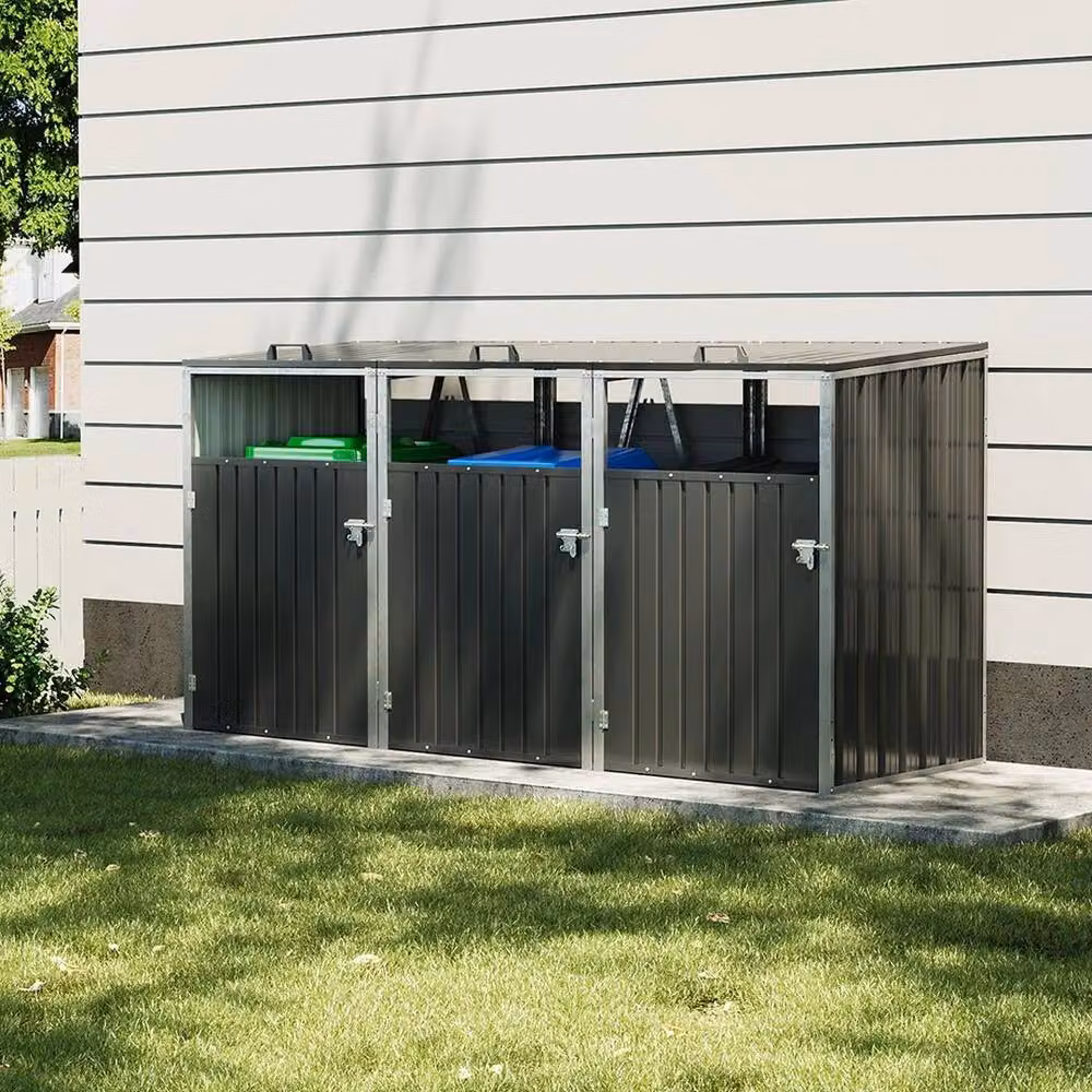 FLAVORA Large Triple Wheelie Bin Metal Storage Store, Grey, W: 100 cm, D: 100 cm, H: 122 cm – 4