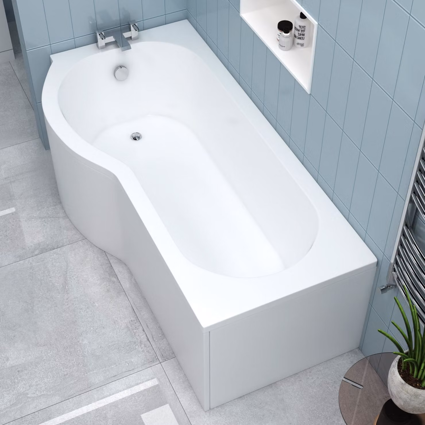 Elva White Acrylic P-Shaped Left Hand Shower Bath with Front and End Panel W/D/H: 170 x 85 x 85 cm