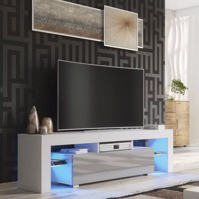 Mex Furniture LTD Modern Glossy TV Unit with LED Lighting in Light Grey, W: 160 cm, D: 35 cm, H: 45 cm – 1