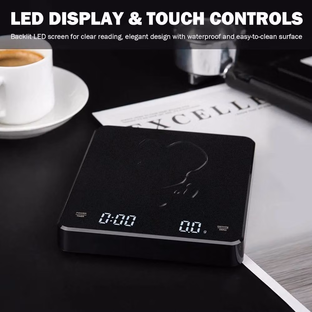 FLAVORA Rechargeable Digital Coffee Scale with Timer, 3 kg Capacity, 0.1 g Precision, Black – 5