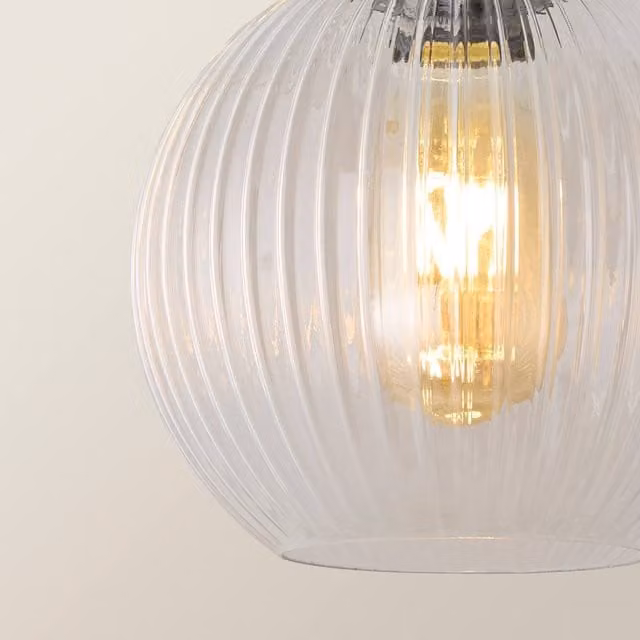 Maddison Clear Ribbed Glass Pendant Ceiling Light with Brushed Brass Finish, Diameter: 11 cm