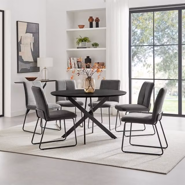 FurnitureboxUK Novara Round Black Dining Table and 6 Halley Dark Grey Fabric Chairs Set – 1