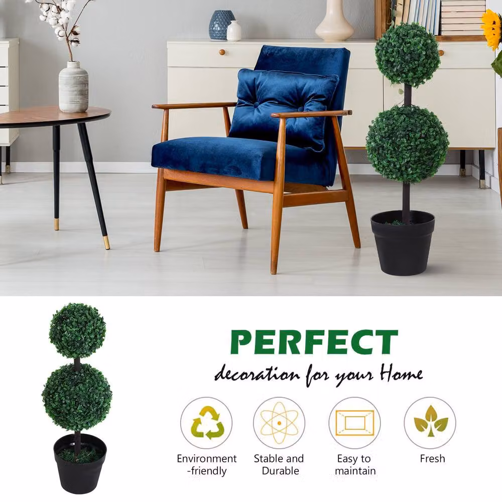 STILVORA Set of 2 Green Artificial Tabletop Topiary Trees in Round Concrete Pots – 5