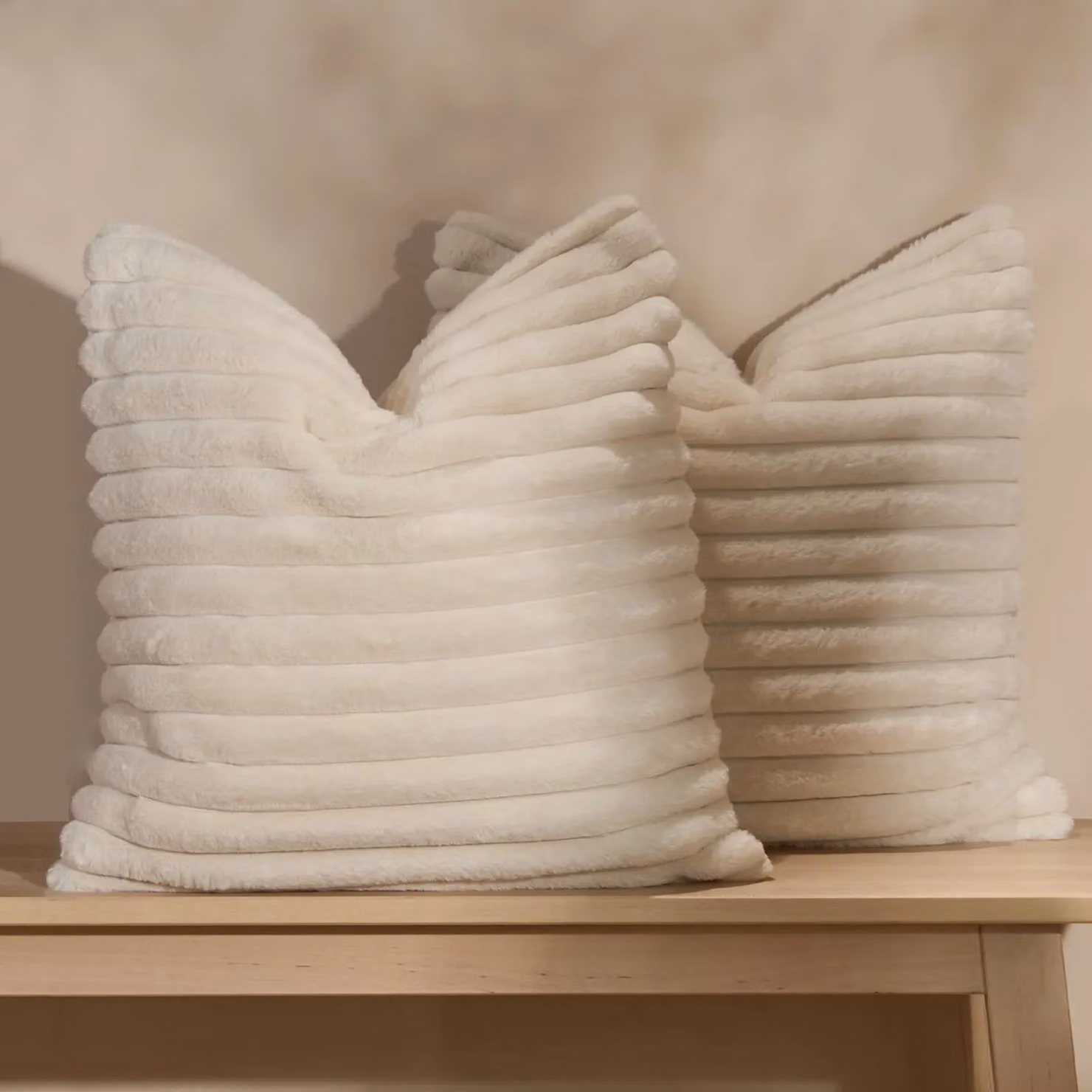 OHS Faux Fur Ribbed Cushion Covers, Pack of 4, Beige, W/D/H: 45 x 45 x 45 cm – 2