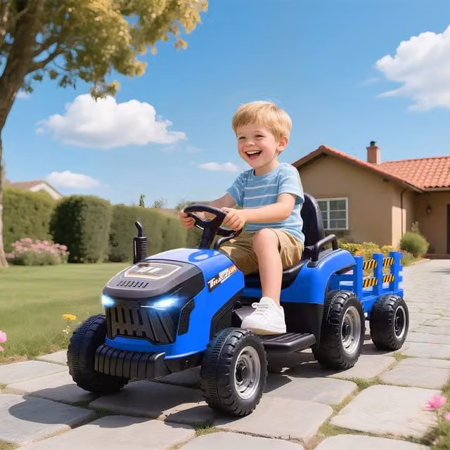 AIYAPLAY 12V Electric Ride On Tractor and Trailer in Blue