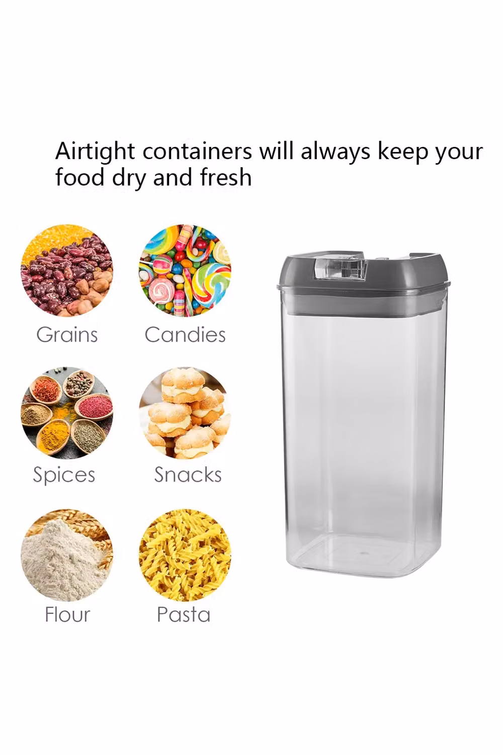 Living and Home 7-Piece Airtight Food and Cereal Storage Container Set with Clip Lids, Grey, 6.9L Total Volume – 3