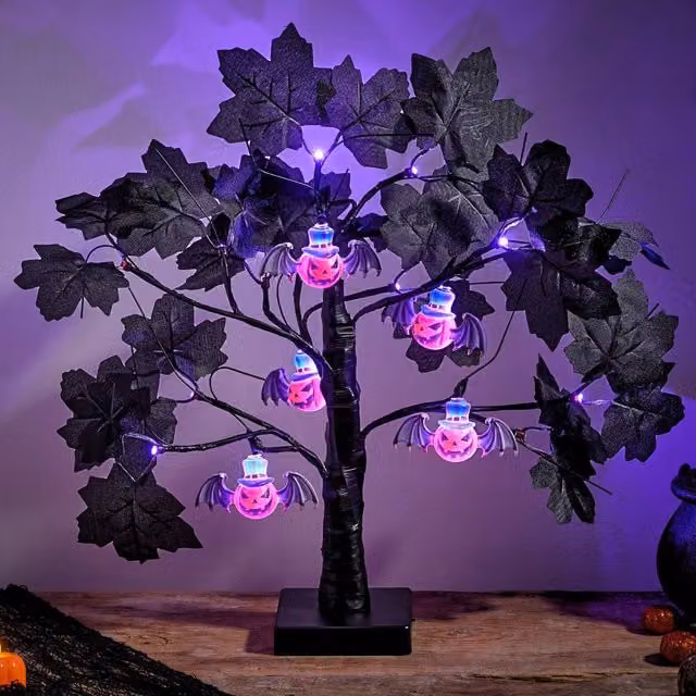 Marco Paul Halloween Tree with Bats, Pumpkins and Purple LED Lights in Black, Large