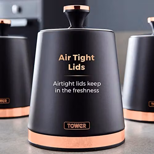 Tower Cavaletto Set of 3 Airtight Stainless Steel Storage Canisters for Coffee, Tea and Sugar in Black and Gold – 4