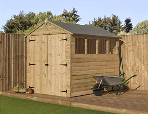EMS Retail Empire 9800 Premier Apex Garden Shed in Brown, featuring Shiplap Tongue and Groove construction, pressure treated wood, windows and double doors