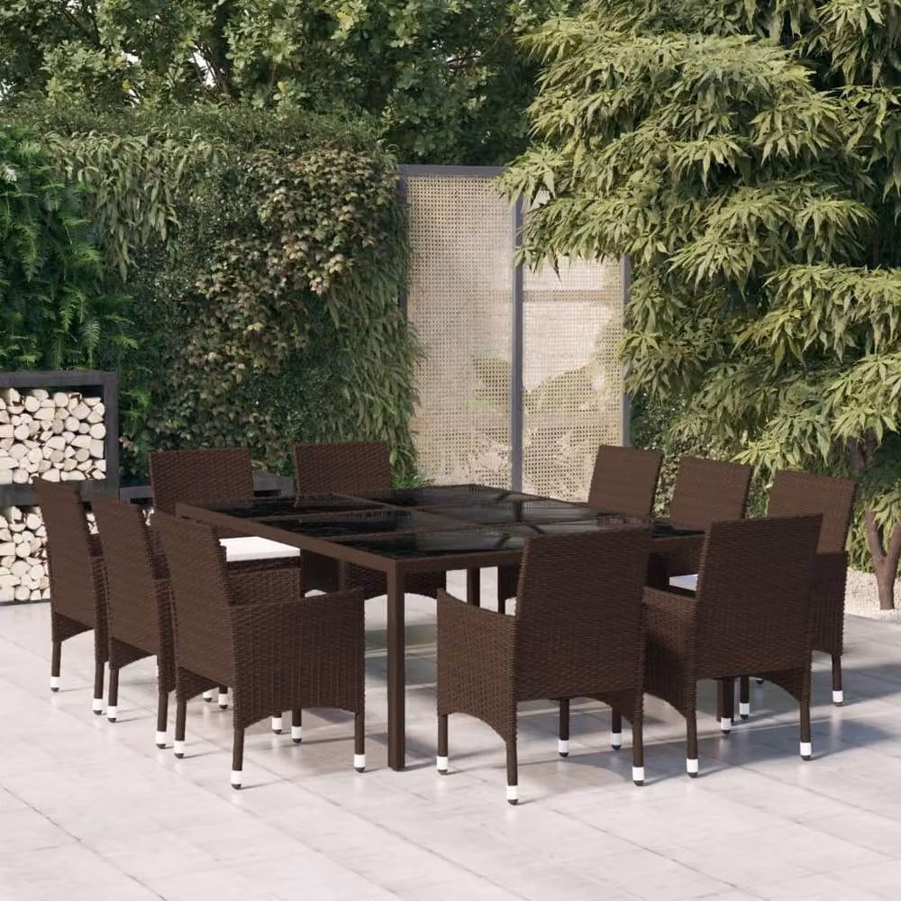 Berkfield Home 11 Piece Brown Poly Rattan Garden Dining Set with Metal Frame and Glass Top – 1