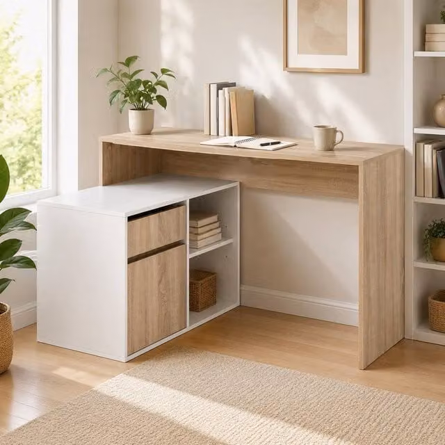STILVORA Modern Oak L-Shaped Corner Desk with Drawer, Cabinet and Shelf in Light Oak